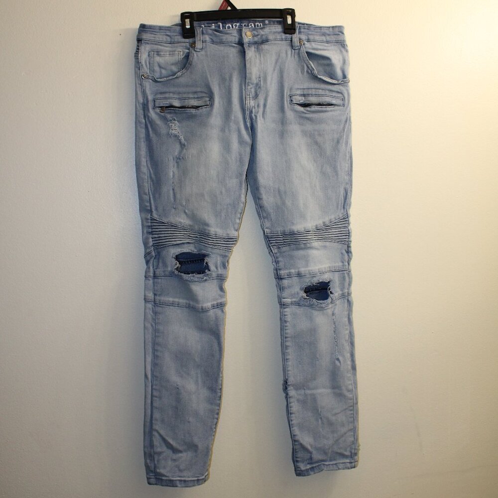 Kilogram Moto Biker Jeans Distressed Light Wash Slim Fit‎ Stretch Denim Size 40